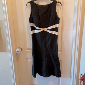 Linen blend black dress with cream accents